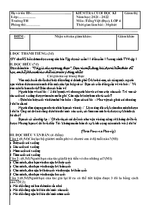 Đề kiểm tra cuối học kì 1 môn Tiếng Việt (đọc) Lớp 4 - Năm học 2021-2022